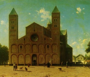 Dutch church with figures on a sunny day